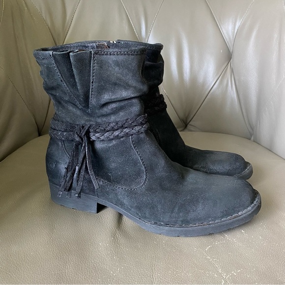 Born Abernath Gray Leather Braided Leather Fringe Zip Up Booties Boots Size 9 M - Picture 1 of 11